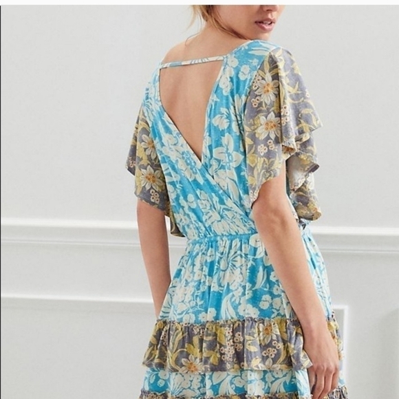 ANTHROPOLOGIE Daily Practice Tiered Ruffle Mini Dress Turquois Floral SZ Small - Picture 3 of 13